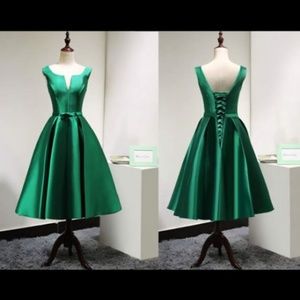 Emerald Green Satin Dress Tea Length